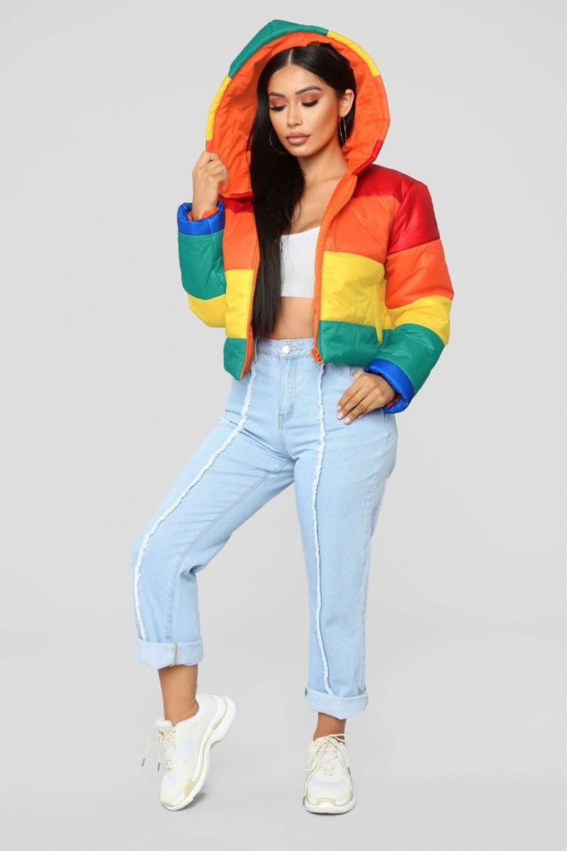 Popular Women Rainbow Print Warm Puffer Jacket Patchwork Winter Bubble Coat Women Parkas Clothes Mantel cappotto vacht frakke