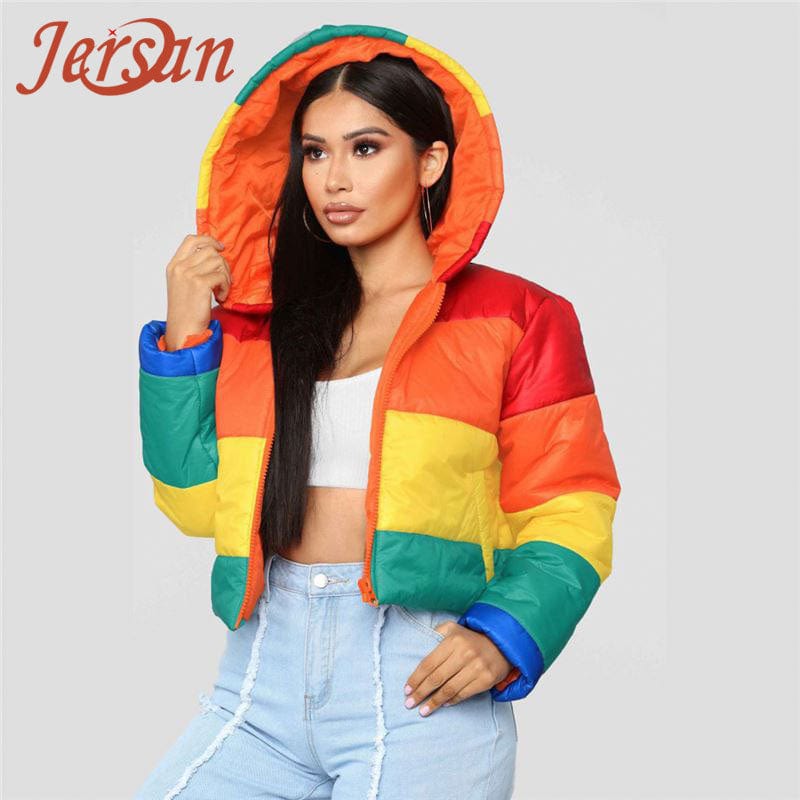 Popular Women Rainbow Print Warm Puffer Jacket Patchwork Winter Bubble Coat Women Parkas Clothes Mantel cappotto vacht frakke