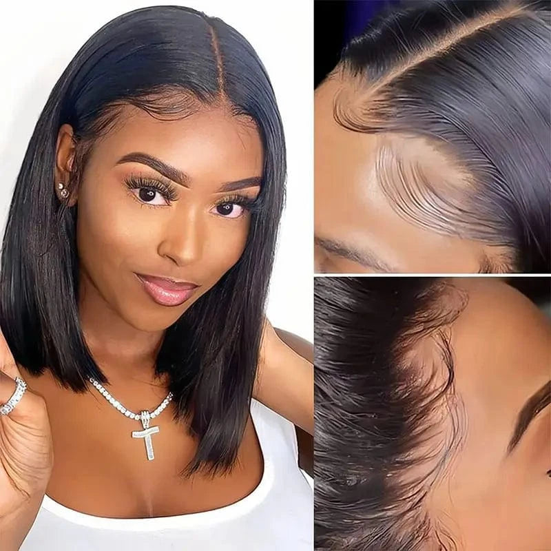 Pre Plucked Gluless Short Bob Wigs Peruvian Hair,1B# Straight 13X4 Lace Front Bob Wig, 4X4 5X5 Lace Closure BOb Wig