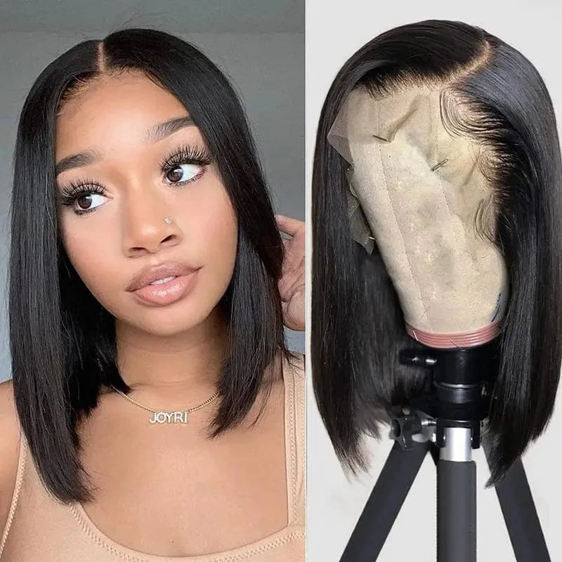 Pre Plucked Gluless Short Bob Wigs Peruvian Hair,1B# Straight 13X4 Lace Front Bob Wig, 4X4 5X5 Lace Closure BOb Wig
