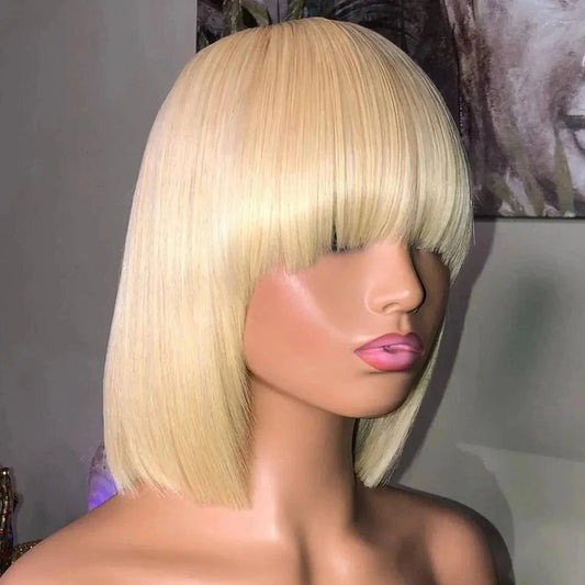 Pre-Plucked Hair Line Brazilian Human Hair 13*4 Lace Front Wig 613 Short Bob With Bang
