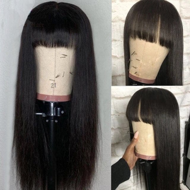 Pre Plucked Long Straight Natural Color Virgin Brazilian Human Hair 360 Lace Wig With Bang
