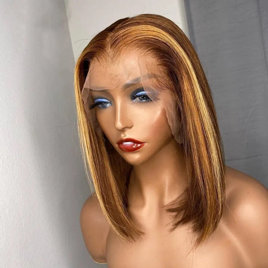 Pre Plucked Ombre Brown Highlight Color Straight Bob Wig Virgin Cuticle Aligned Human Hair Lace Front Wigs