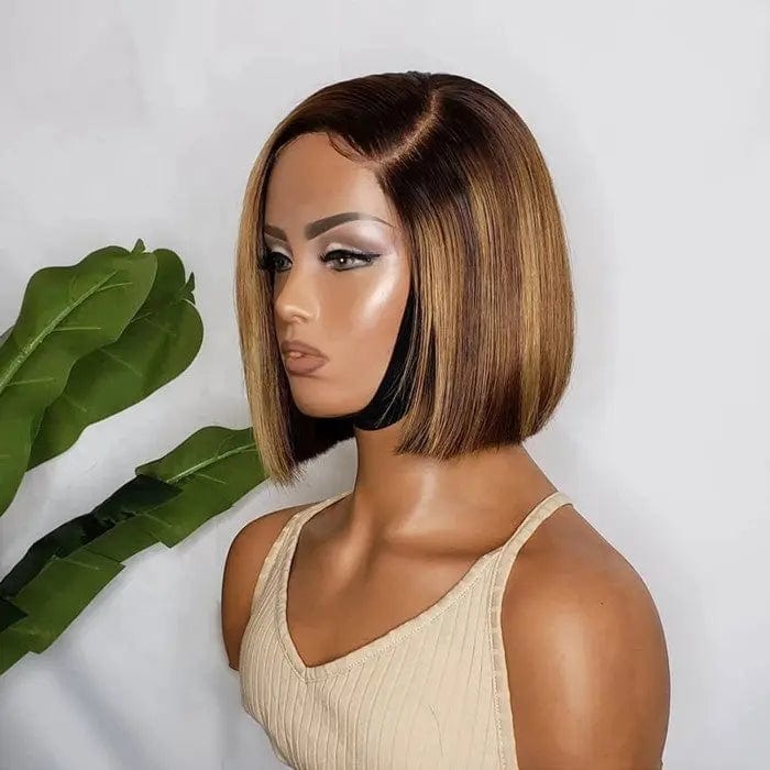 Pre Plucked Ombre Brown Highlight Color Straight Bob Wig Virgin Cuticle Aligned Human Hair Lace Front Wigs