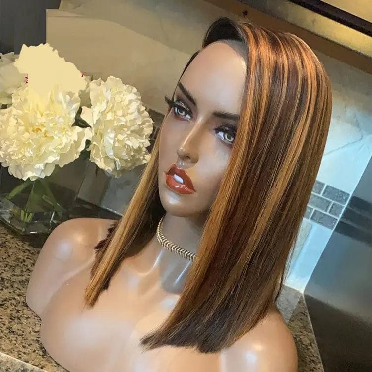 Pre Plucked Ombre Brown Highlight Color Straight Bob Wig Virgin Cuticle Aligned Human Hair Lace Front Wigs