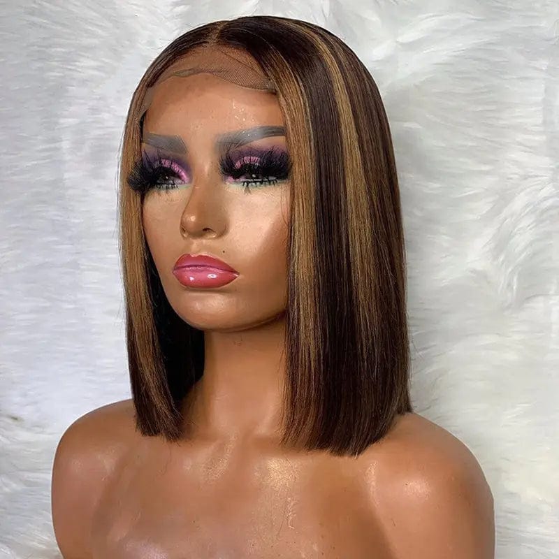 Pre Plucked Ombre Brown Highlight Color Straight Bob Wig Virgin Cuticle Aligned Human Hair Lace Front Wigs