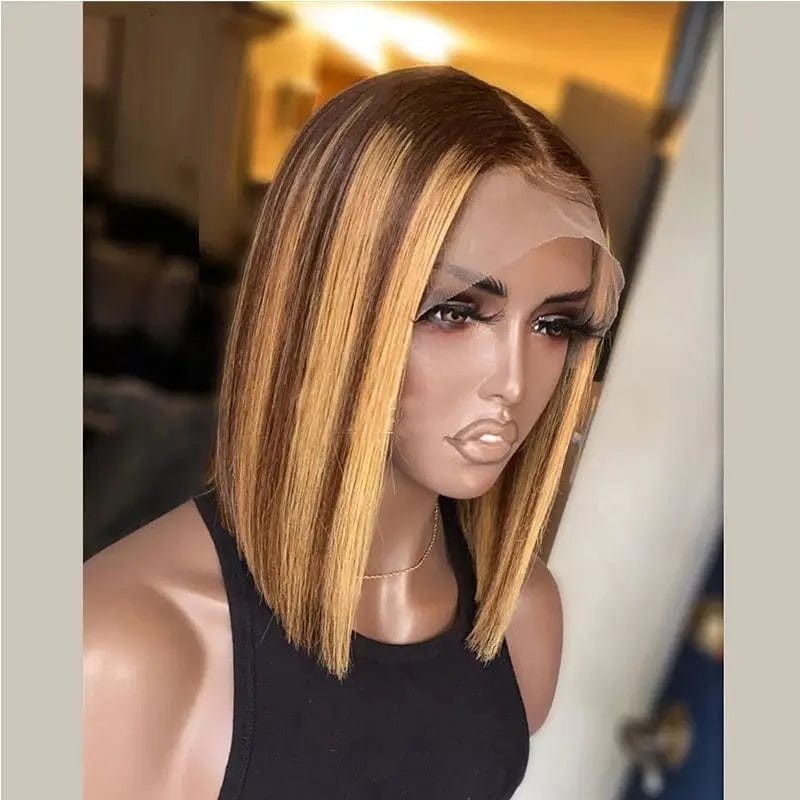 Pre Plucked Ombre Honey Brown Highlight Color Short Bob Virgin Full Cuticle Aligned Hair Lace Front Wigs