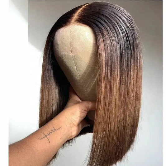 Pre Plucked Ombre Honey Brown Highlight Color Short Bob Virgin Full Cuticle Aligned Hair Lace Front Wigs