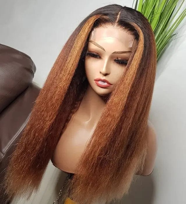 Pre Plucked Yaki Straight Honey Brown Color Ombre Wig Cuticle Aligned With Baby Hair Lace Front Wigs