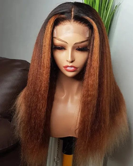 Pre Plucked Yaki Straight Honey Brown Color Ombre Wig Cuticle Aligned With Baby Hair Lace Front Wigs