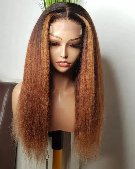 Pre Plucked Yaki Straight Honey Brown Color Ombre Wig Cuticle Aligned With Baby Hair Lace Front Wigs