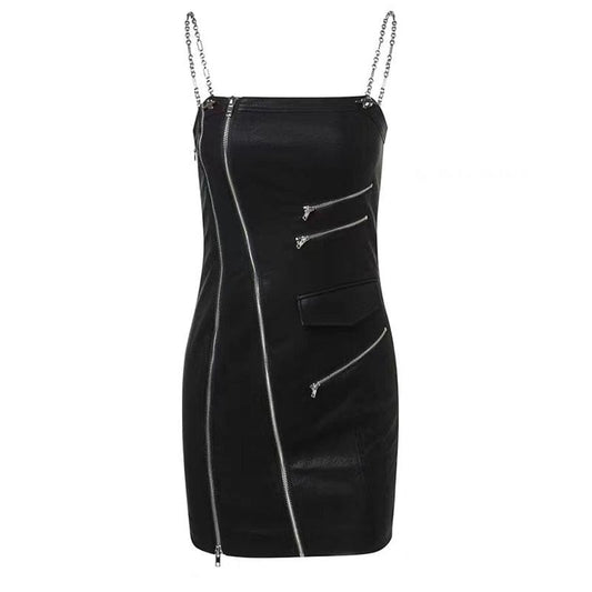 Pretty Evening Dress Chain Slim Leather Dress Genuine Sheepskin Leather Dress Women