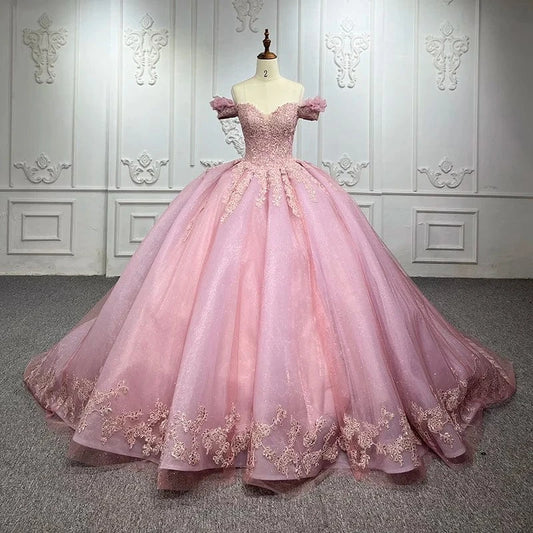 Princess Pink Off Shoulder Lace Plus Size Prom Bridal Evening Dresses Jancember 9932-1