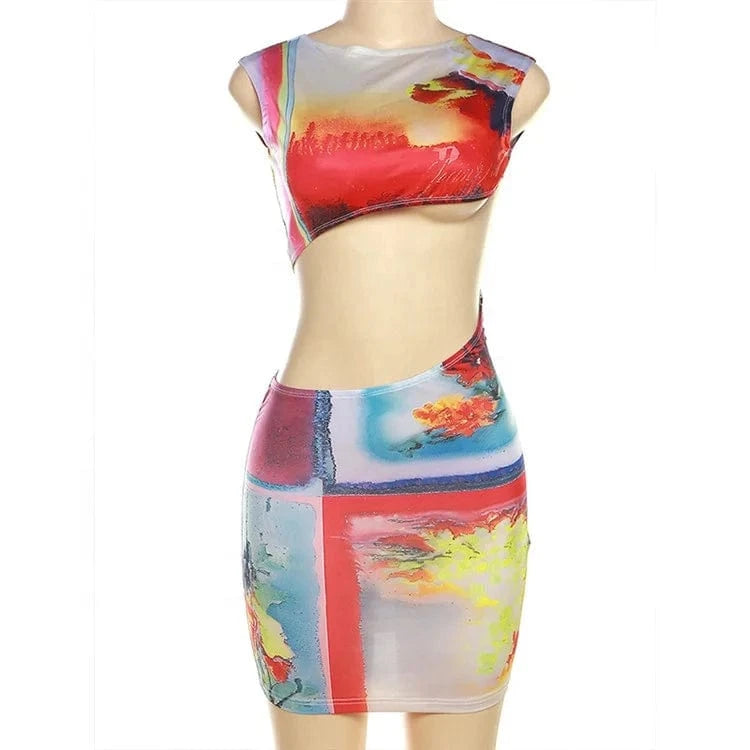 Print Sleeveless Backless Hollow Out Sexy Slim Mini Dress 2024 Summer Women Fashion Dress