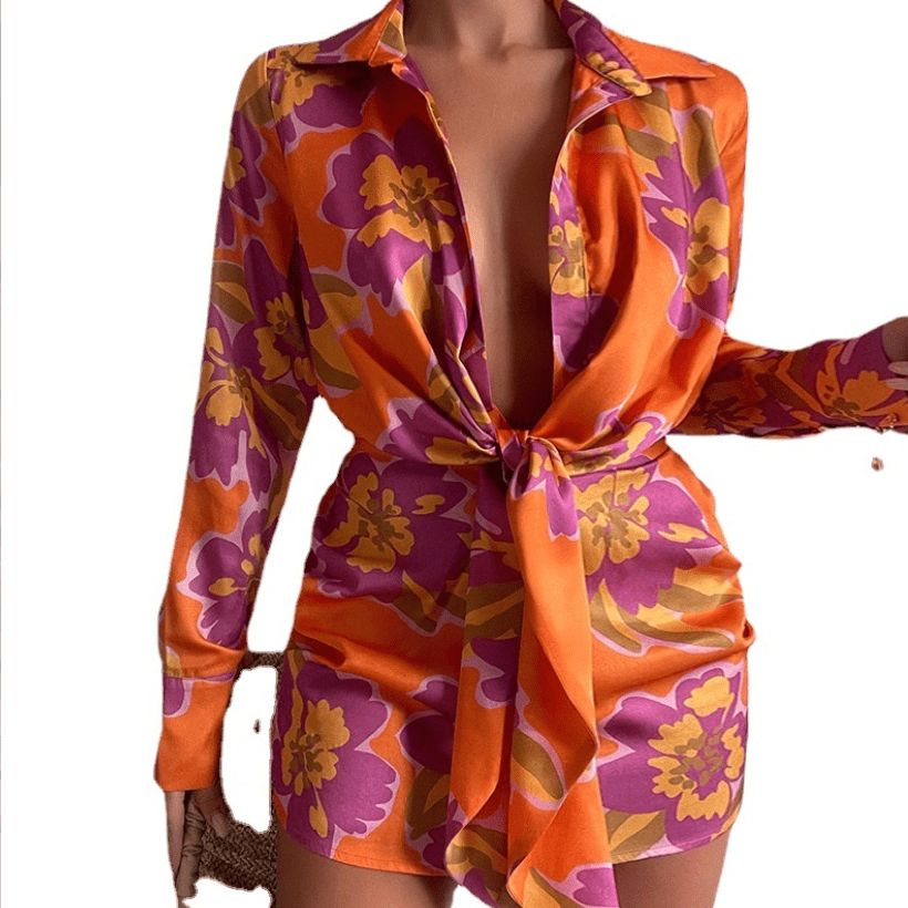 Printed Lace Up Office Ladies Shirt Dress Women Vintage Long Sleeve Turn Down Collar Sexy Slim Mini Robe 2023 Summer Sundress