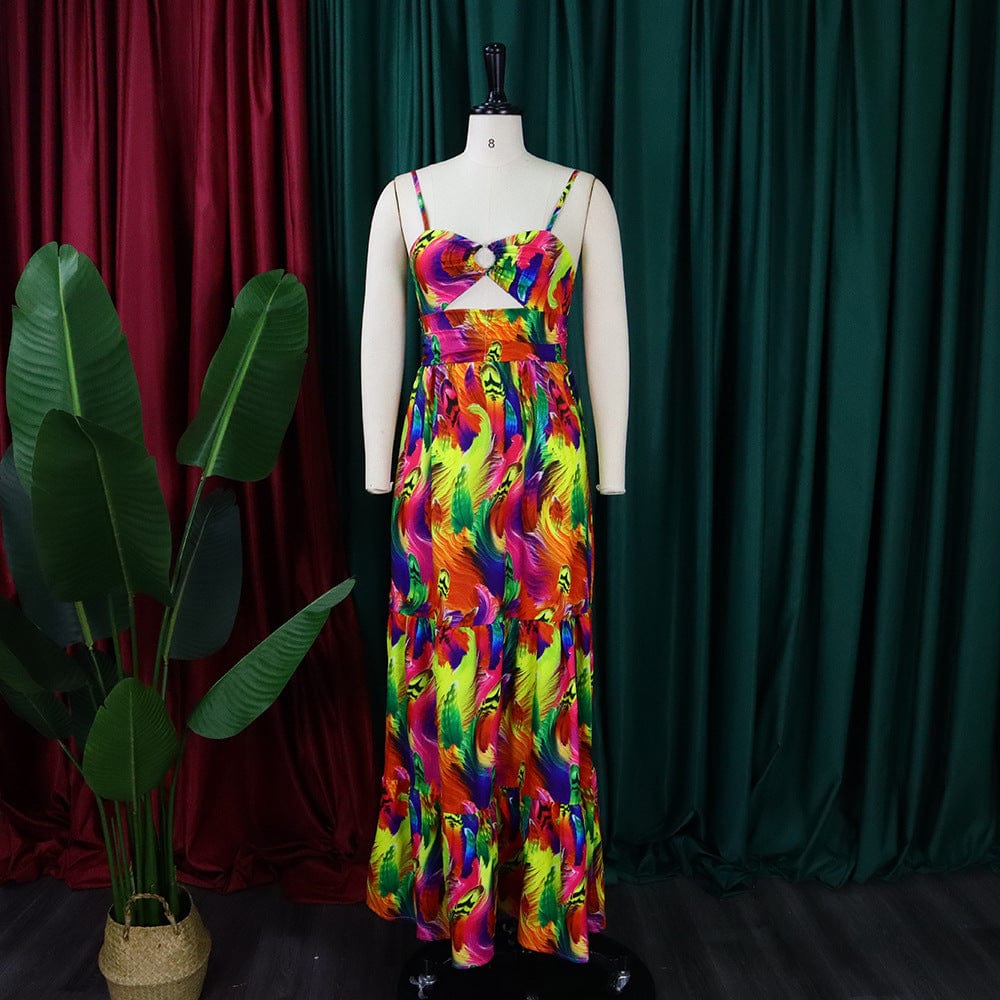 Printed Long Spaghetti Strap Beach Summer Hollow Out Female Casual Dress