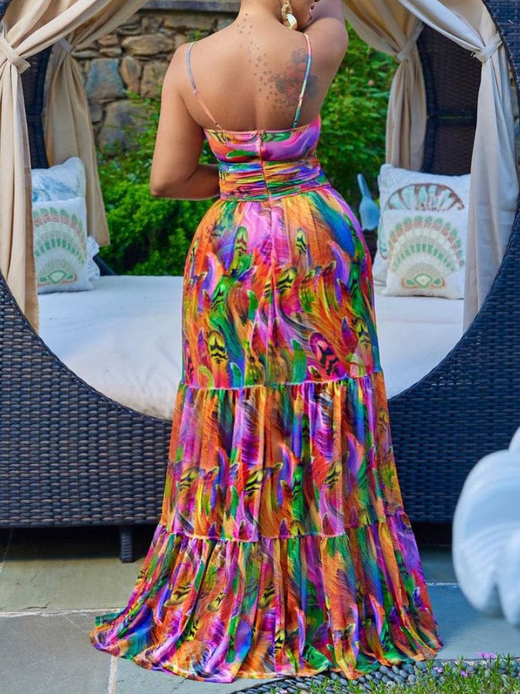 Printed Long Spaghetti Strap Beach Summer Hollow Out Female Casual Dress