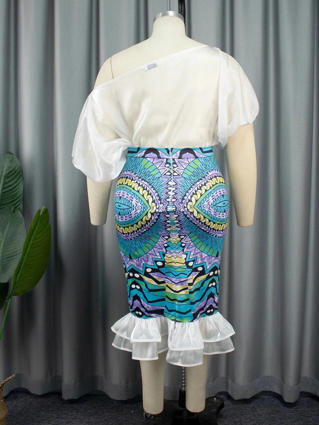 Printed Skirt Ruffles One Shoulder Satin Midi Women Two Pieces Sets