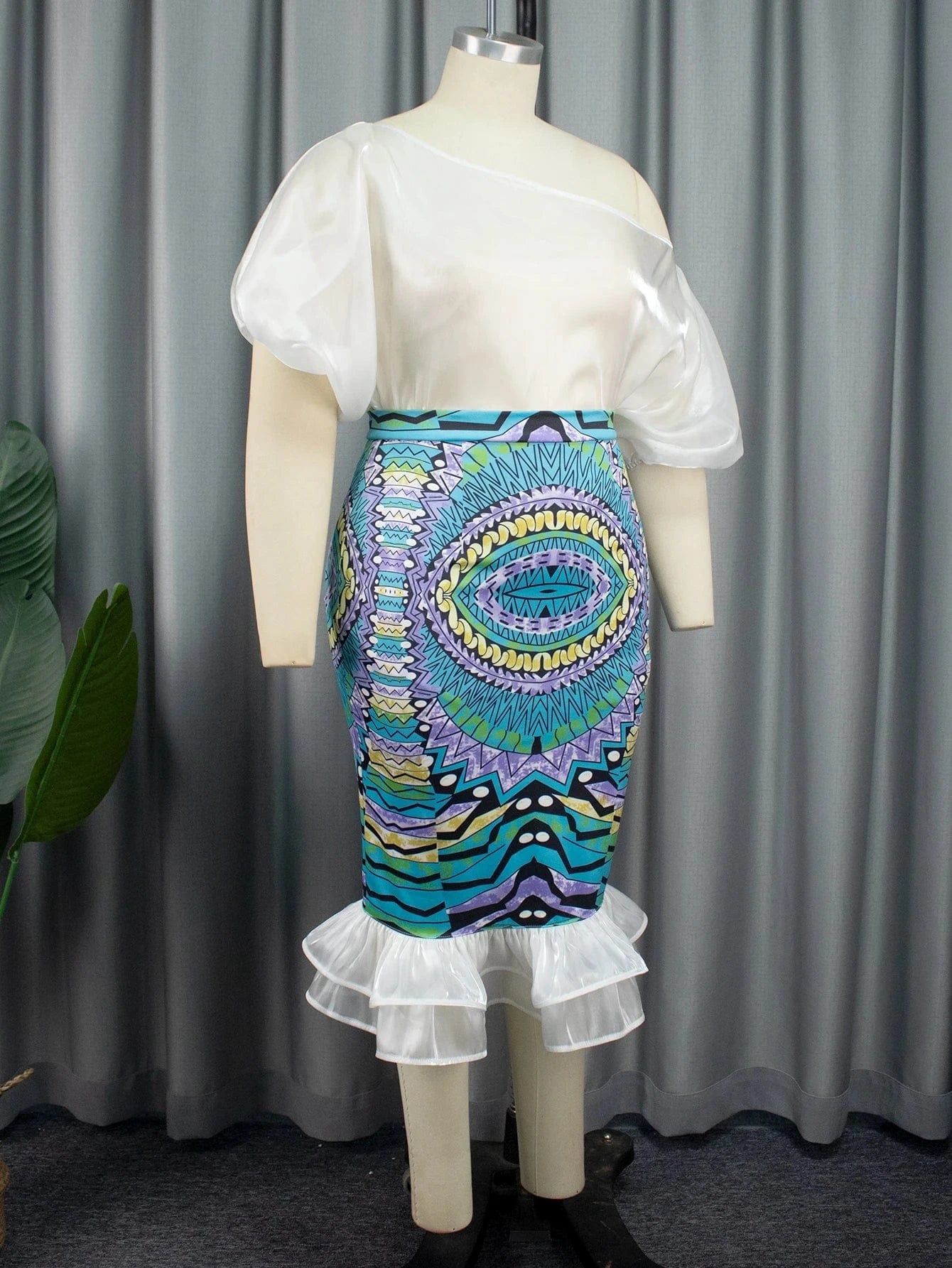 Printed Skirt Ruffles One Shoulder Satin Midi Women Two Pieces Sets