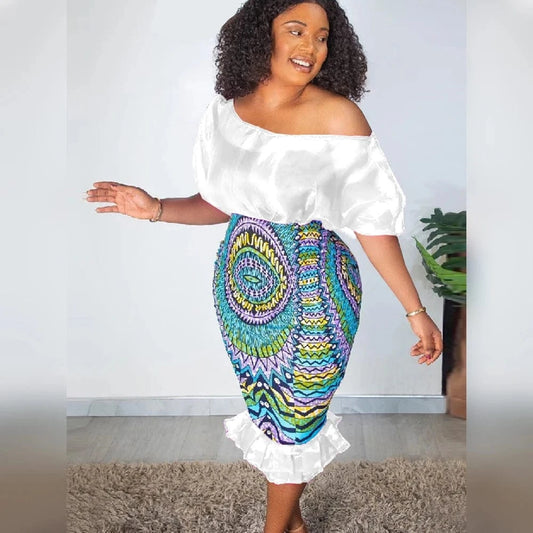 Printed Skirt Ruffles One Shoulder Satin Midi Women Two Pieces Sets