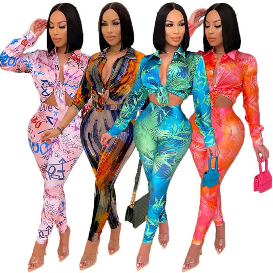 Printed Women Clothing  2 Piece Pants Sets Long Sleeve Set Tie Dye Skirts Sets Women Two Piece Outfit