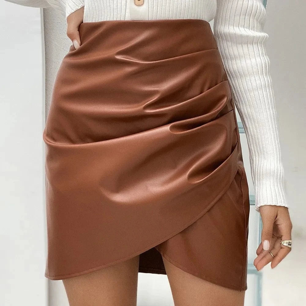 PU Leather Asymmetrical Mini Skirts High Waist Ruched Skirt Women Street-wear Autumn Winter Black Sexy Tight Pencil Skirt