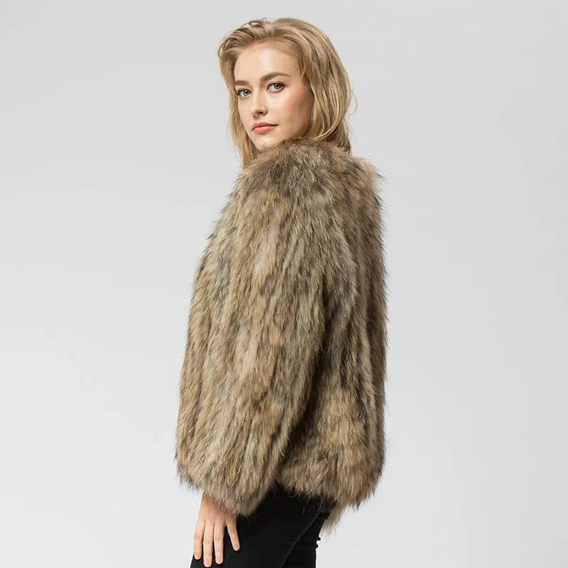 Pudi CR035 knit knitted Real raccoon fur coat jacket overcoat high quality women'sr warm genuine fur coat