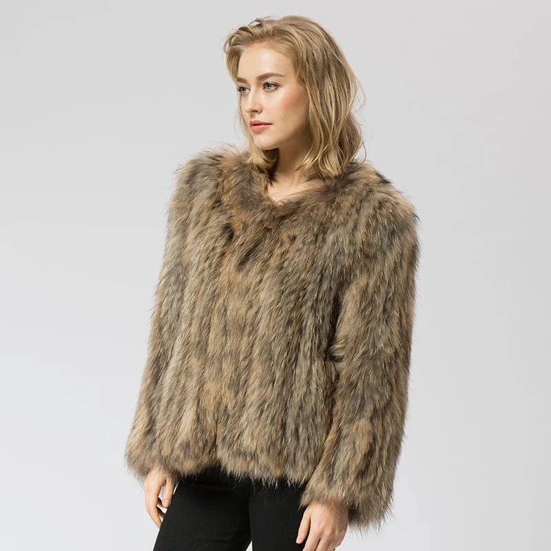 Pudi CR035 knit knitted Real raccoon fur coat jacket overcoat high quality women'sr warm genuine fur coat