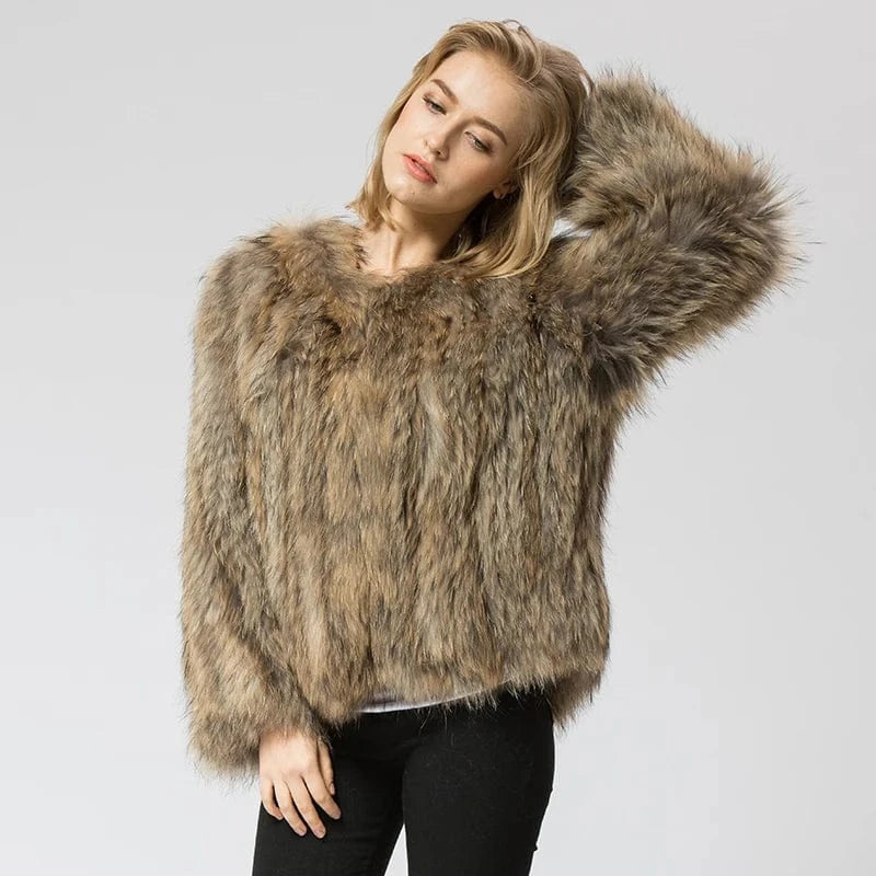 Pudi CR035 knit knitted Real raccoon fur coat jacket overcoat high quality women'sr warm genuine fur coat