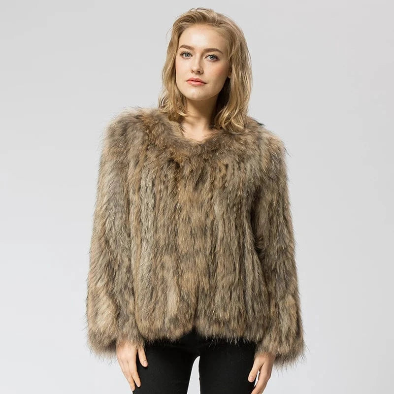 Pudi CR035 knit knitted Real raccoon fur coat jacket overcoat high quality women'sr warm genuine fur coat