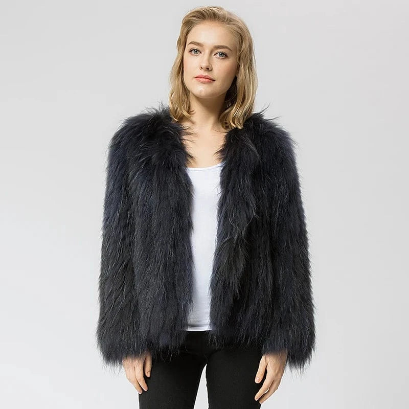 Pudi CR035 knit knitted Real raccoon fur coat jacket overcoat high quality women'sr warm genuine fur coat
