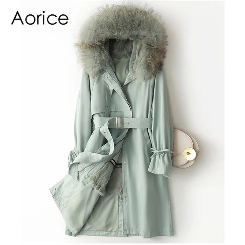PUDI Liner Fox Collar Blet Coat Jacket 41646 Real Fur Parka Trench Winter Warm Rabbit Fur Women Female Long Thick Crocheted Dyed