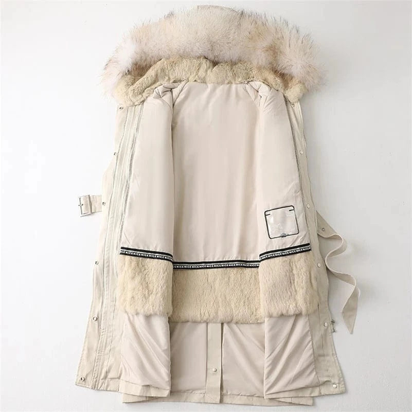 PUDI Liner Fox Collar Blet Coat Jacket 41646 Real Fur Parka Trench Winter Warm Rabbit Fur Women Female Long Thick Crocheted Dyed