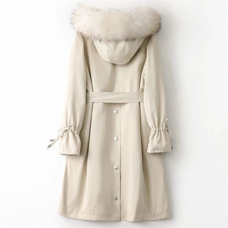 PUDI Liner Fox Collar Blet Coat Jacket 41646 Real Fur Parka Trench Winter Warm Rabbit Fur Women Female Long Thick Crocheted Dyed