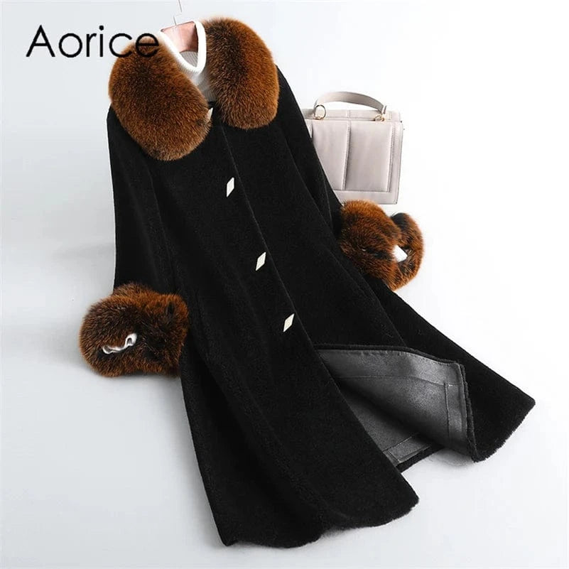 PUDI Winter Woman Real Fox Fur Wool Coat Jacket Female Long Sheep Shearing Over Size Black Trench Parka CT1100