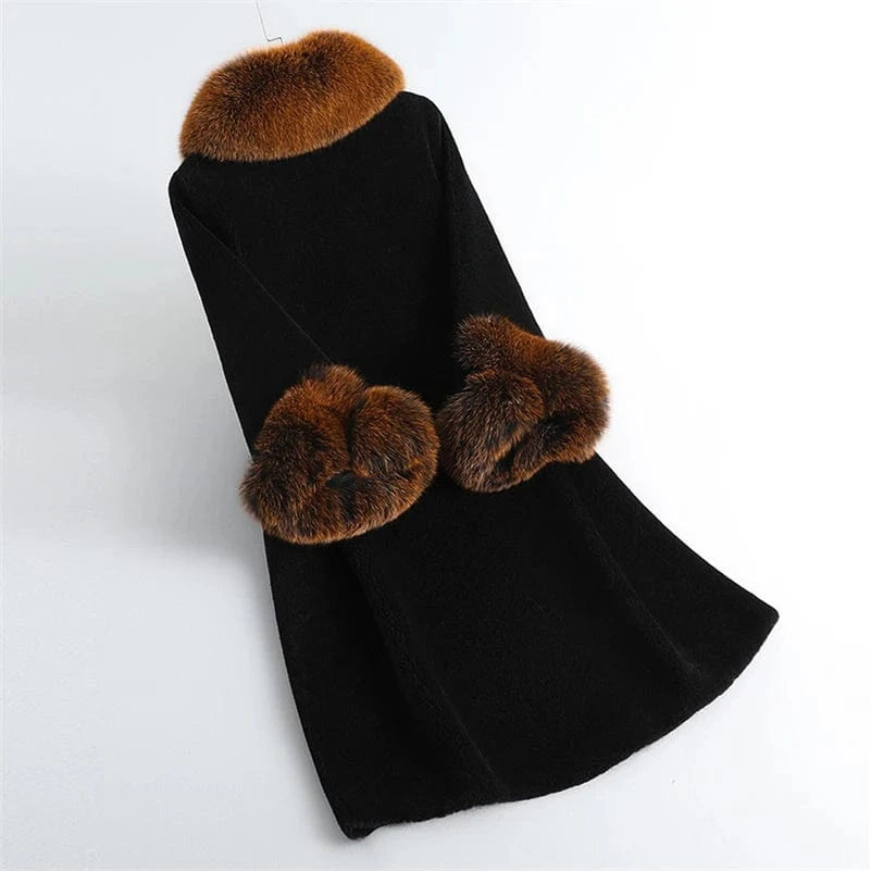 PUDI Winter Woman Real Fox Fur Wool Coat Jacket Female Long Sheep Shearing Over Size Black Trench Parka CT1100
