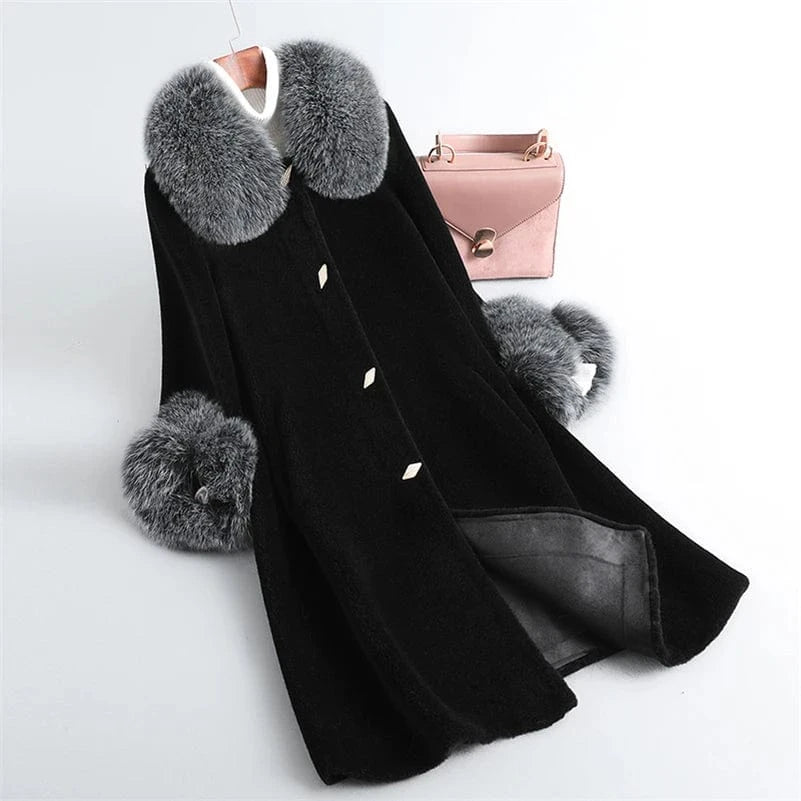 PUDI Winter Woman Real Fox Fur Wool Coat Jacket Female Long Sheep Shearing Over Size Black Trench Parka CT1100