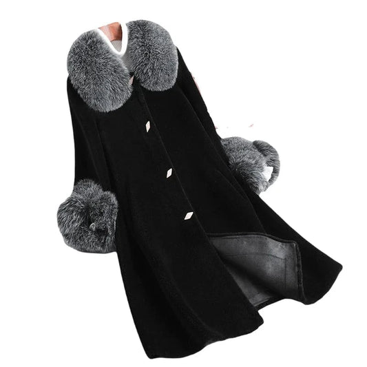 PUDI Winter Woman Real Fox Fur Wool Coat Jacket Female Long Sheep Shearing Over Size Black Trench Parka CT1100
