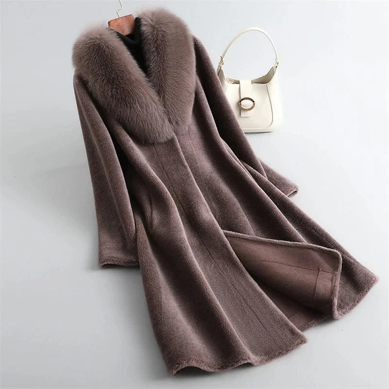 PUDI Winter Woman Real Fox Fur Wool Coat Jacket Female Long Sheep Shearing Over Size Black Trench Parka CT197