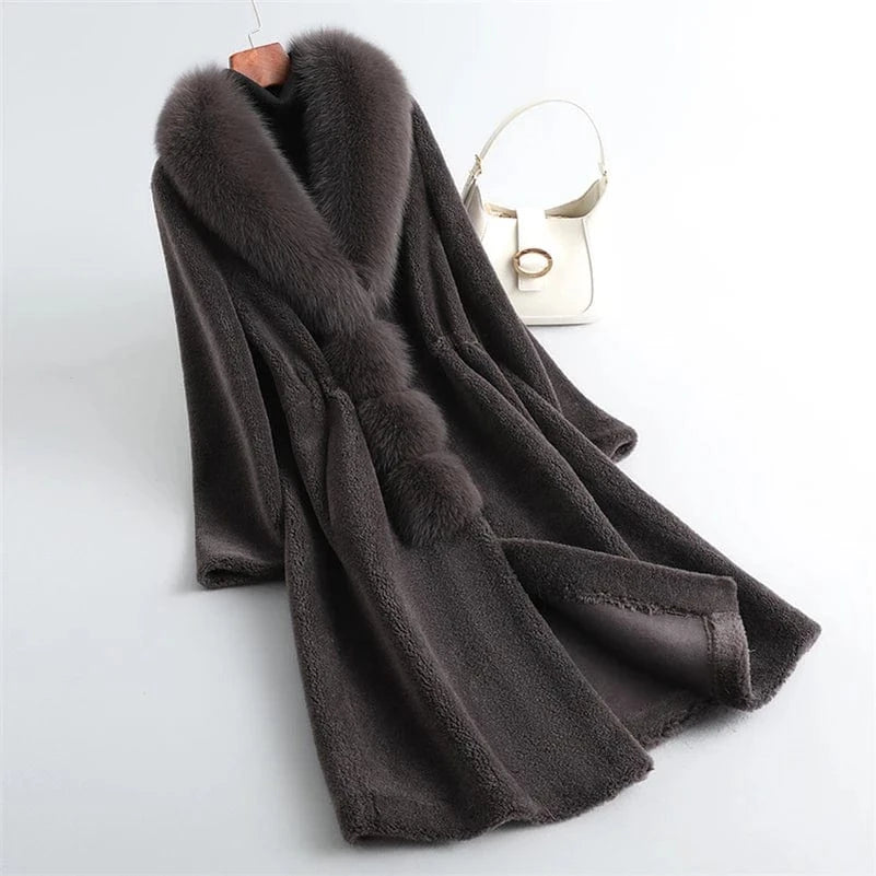 PUDI Winter Woman Real Fox Fur Wool Coat Jacket Female Long Sheep Shearing Over Size Black Trench Parka CT198