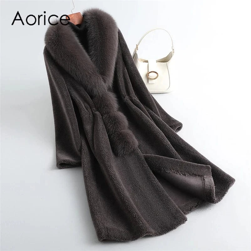 PUDI Winter Woman Real Fox Fur Wool Coat Jacket Female Long Sheep Shearing Over Size Black Trench Parka CT198