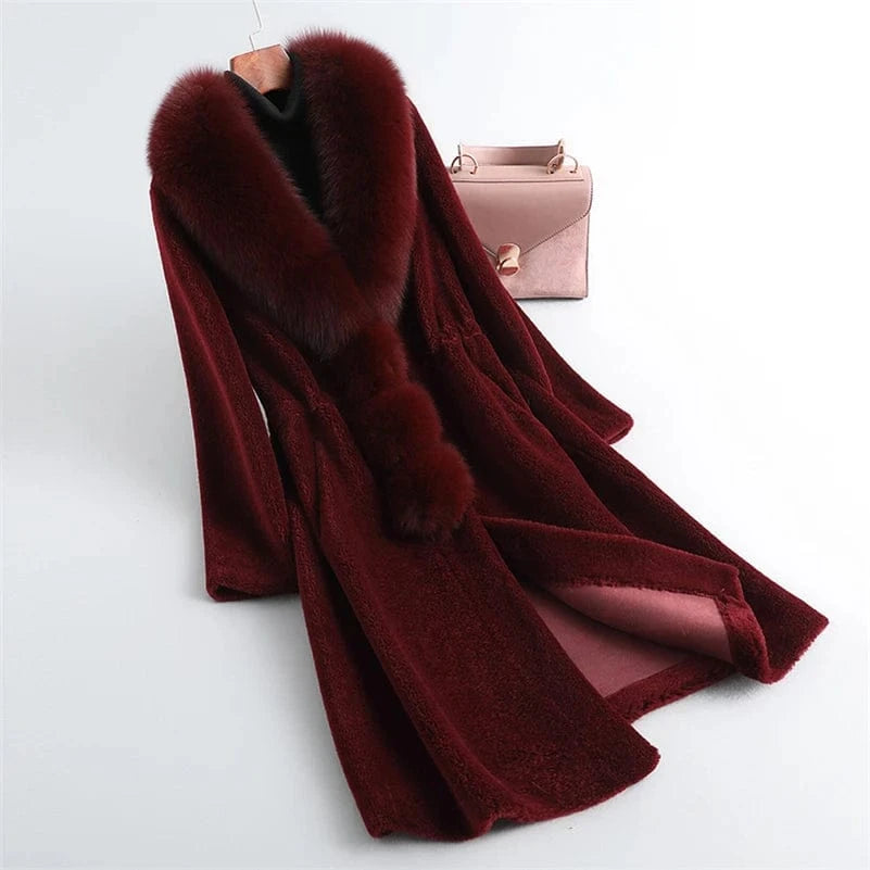 PUDI Winter Woman Real Fox Fur Wool Coat Jacket Female Long Sheep Shearing Over Size Black Trench Parka CT198