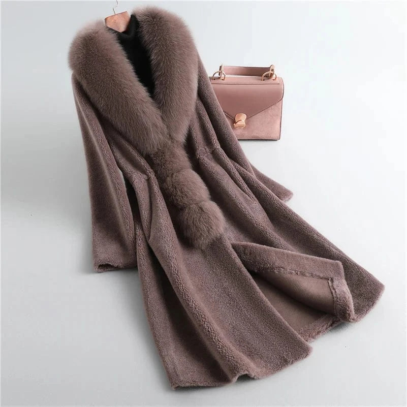 PUDI Winter Woman Real Fox Fur Wool Coat Jacket Female Long Sheep Shearing Over Size Black Trench Parka CT198