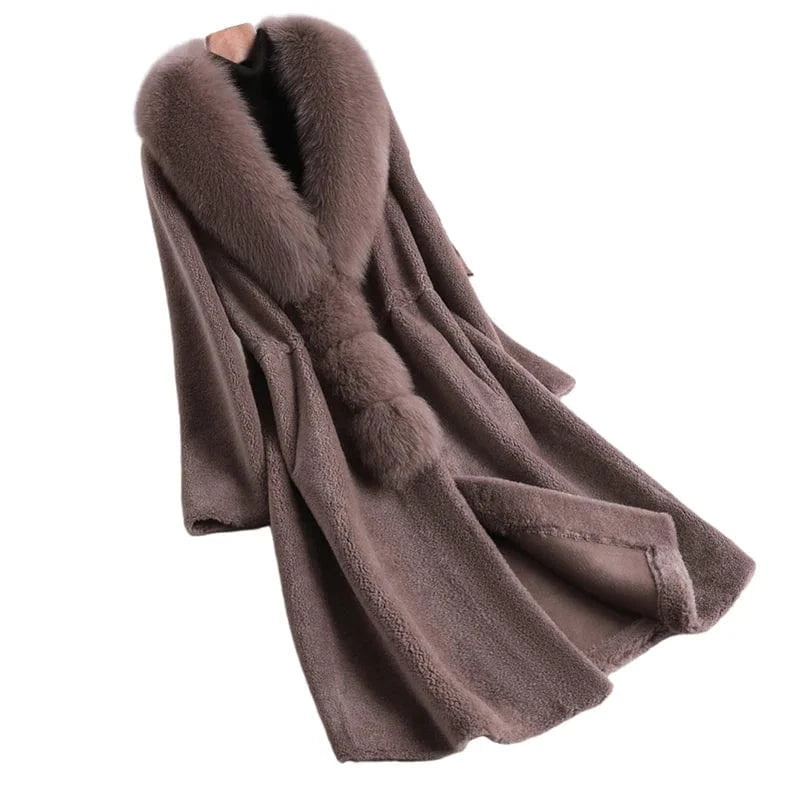 PUDI Winter Woman Real Fox Fur Wool Coat Jacket Female Long Sheep Shearing Over Size Black Trench Parka CT198