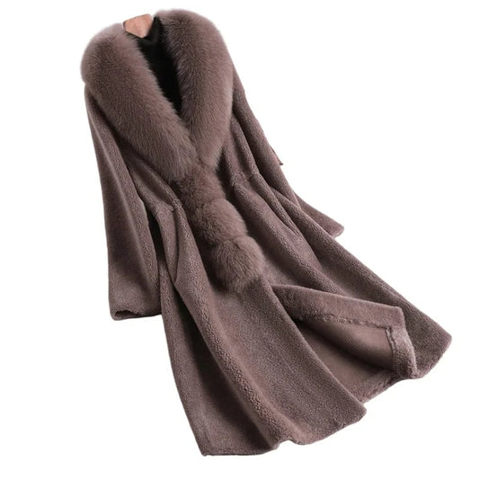 PUDI Winter Woman Real Fox Fur Wool Coat Jacket Female Long Sheep Shearing Over Size Black Trench Parka CT198