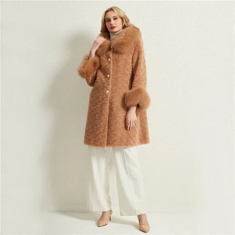 Pudi women long real sheep fur coat jacket female winter fox fur collar jackets parka trench H903-A