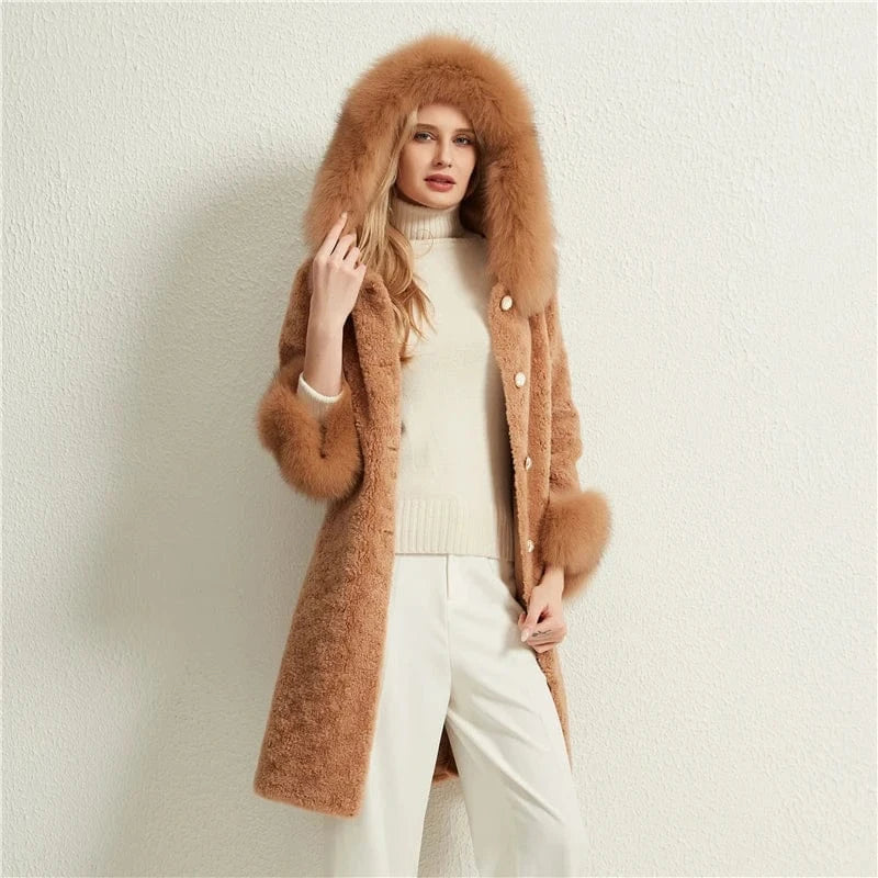 Pudi women long real sheep fur coat jacket female winter fox fur collar jackets parka trench H903-A