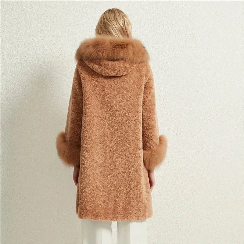 Pudi women long real sheep fur coat jacket female winter fox fur collar jackets parka trench H903-A
