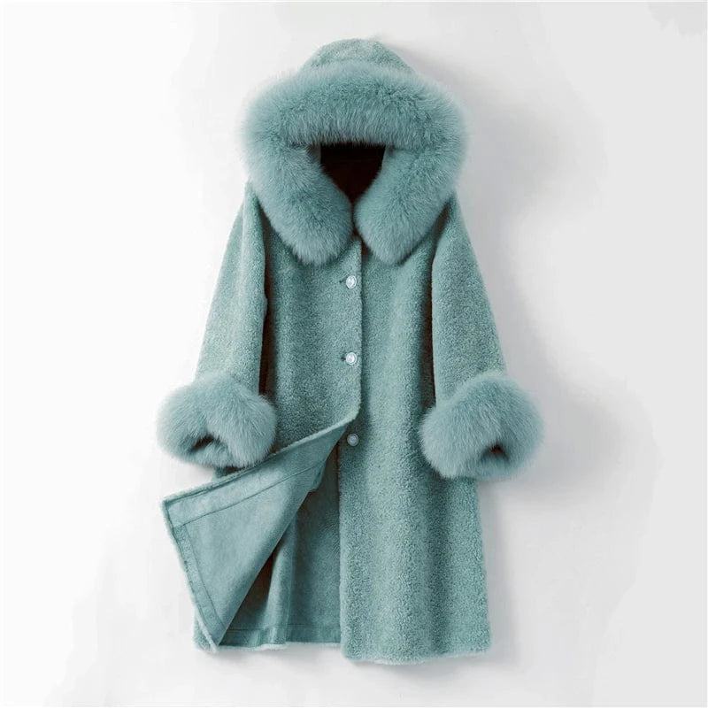 Pudi women long real sheep fur coat jacket female winter fox fur collar jackets parka trench H903-A