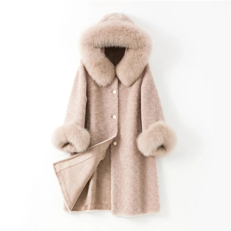 Pudi women long real sheep fur coat jacket female winter fox fur collar jackets parka trench H903-A